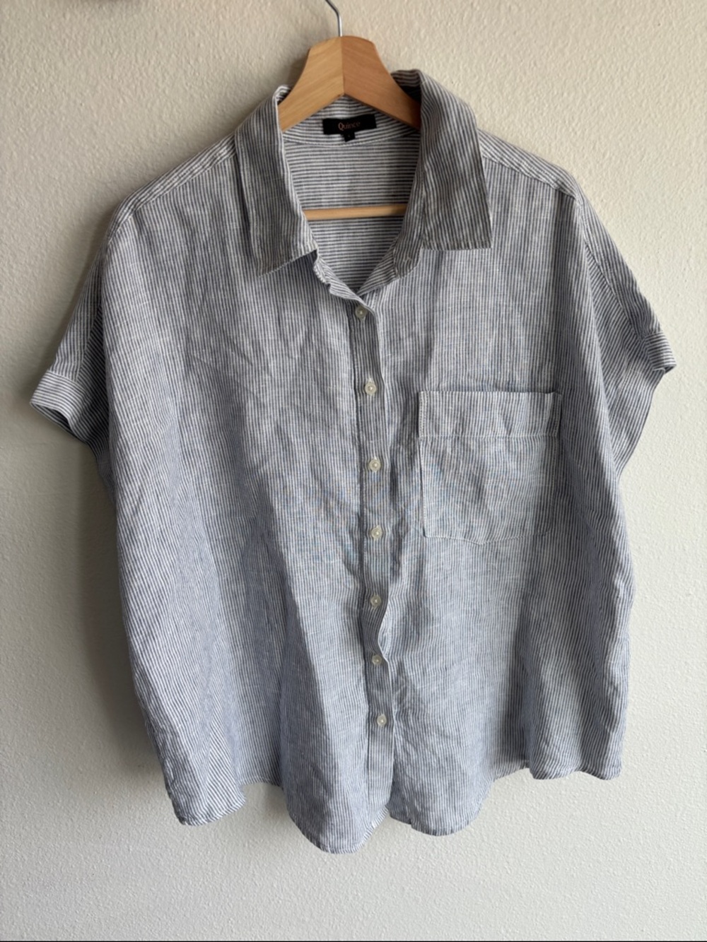 Quince Womens 100% European Linen Camp Shirt Blue Pinstripe Large :